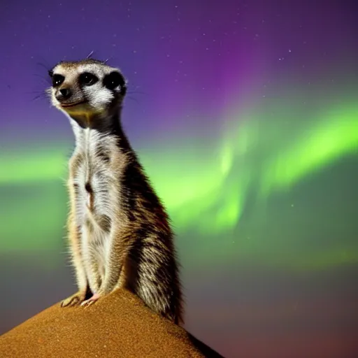 Prompt: a national geographic photo of a meerkat, standing on a small mound, looking away from the camera, at a purple aurora borealis in the distance.