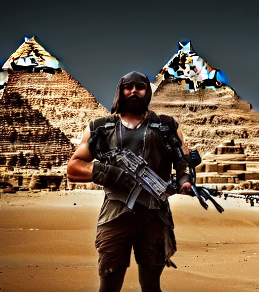 Prompt: a beefy man with a machine gun, egyptian pyramid in the background, 4 k, sharp focus, real life photo, highly detailed, cinematic, photorealistic, cyberpunk, book cover