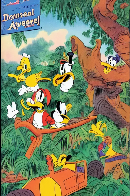 Prompt: donald ducks and friend adventure in the jungle by carl barks, old comic, walt disney, beautiful