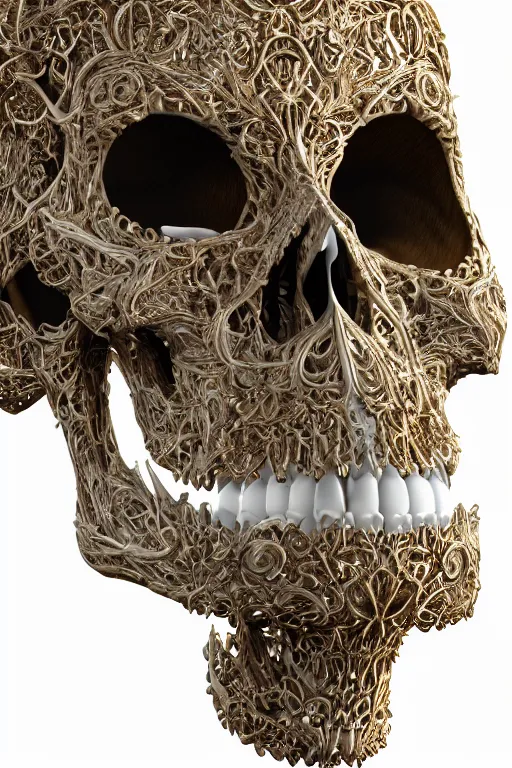 Prompt: 3d render of a porcelain skull, ultra detailed, 150 mm, accent lighting, beautiful studio soft light, rim light, silver gold red details, luxurious, big filigran, Alexander Mcqueen, haute couture, fine foliage lace, mesh wire, filigran intricate details, hyper realistic, anatomical, silver metal armor, facial muscles, cable wires, elegant, white background, octane render, H.R. Giger style, 8k