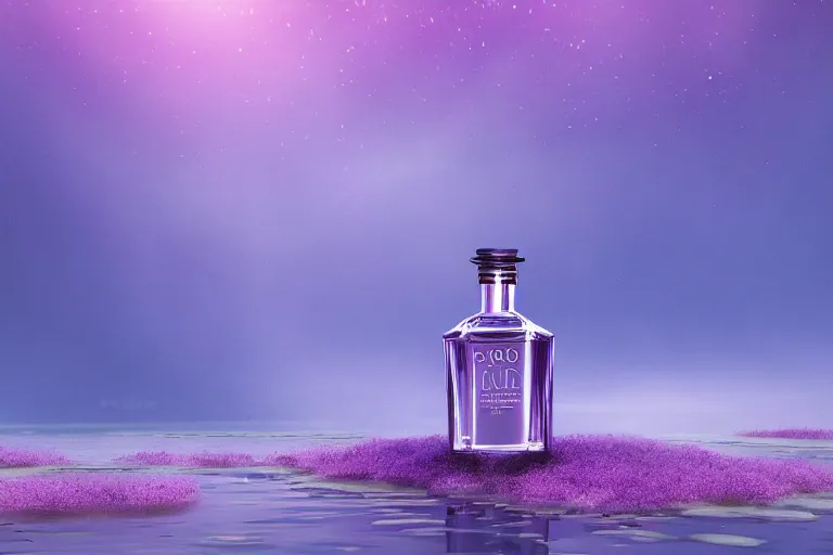 Image similar to perfume bottle standing on lilipads in a cool blue frosted pond, dramatic, mid day, lilac aurora borealis background, soft lilac skies, large scale, hyperrealistic, lots of detail, realistic lighting, octane render, by wlop, artgerm, trending on artstation