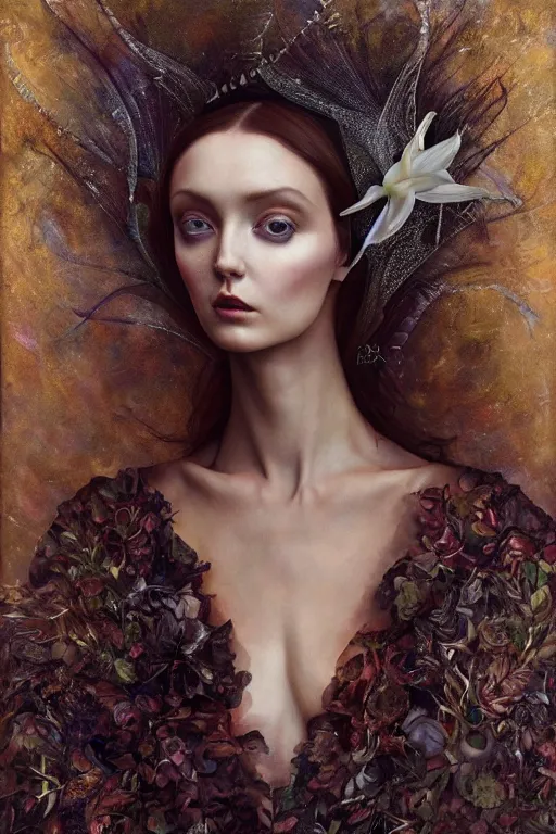 Prompt: an intricate realistic oil painting of a fashion model resembling lily cole, wearing avant garde fashion, clothing by alexander mcqueen, clothing by iris van herpen, full body, headspace, runway, by tom bagshaw, by karol bak