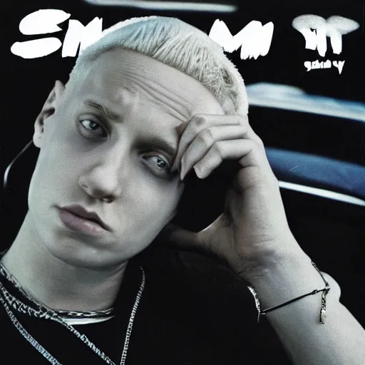 Prompt: Slim Shady listening to Slim Shady LP in the Slim Shady LP album cover