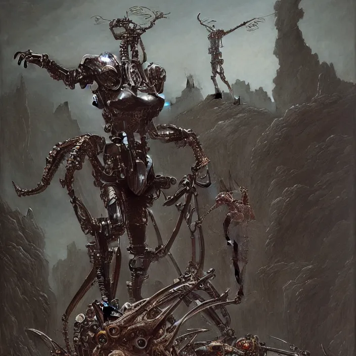 Image similar to still frame from Prometheus by Jakub Rozalski and utagawa kuniyoshi, infinite Hell Scape with gigantic mecha demons and ornate bone cyborgs by Wayne Barlowe by peter Mohrbacher by Giger, dressed by Alexander McQueen and by Neri Oxman, metal couture hate couture editorial