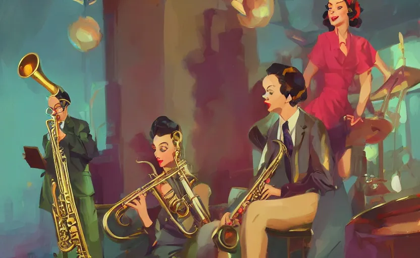 Image similar to the enchanted jazz band party with musicians and a glamorous female singer, 1 9 4 0, vintage micrphone, tenor saxophone, behance hd artstation by jesper ejsing, by rhads, makoto shinkai and lois van baarle, ilya kuvshinov, ossdraws