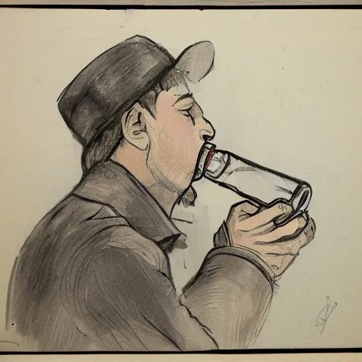 Image similar to sketch of a russian man drinking vodka bottle, detailed