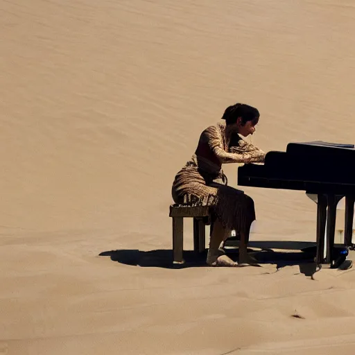 Prompt: UHD candid photo of The Mummy playing piano, with accurate wrappings, UHD, photorealistic, correct sand dune, real piano, photo by Annie Leibowitz