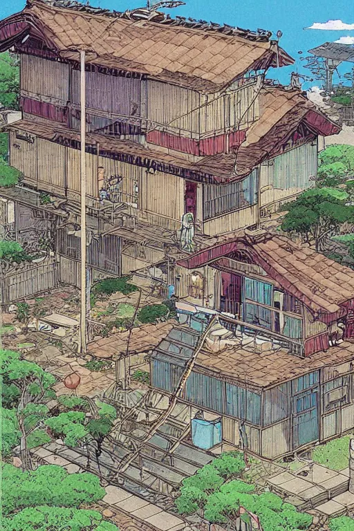 Image similar to beautiful anime illustration japanese rural homes morphing into giant cats, by moebius, masamune shirow and katsuhiro otomo