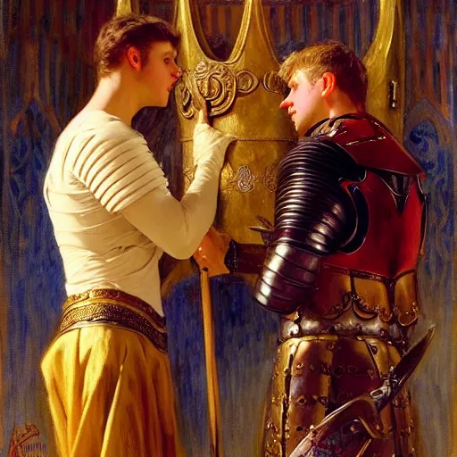 Image similar to attractive fully clothed arthur pendragon confesses his love for his attractive fully clothed male knight. highly detailed painting by gaston bussiere and j. c. leyendecker 8 k