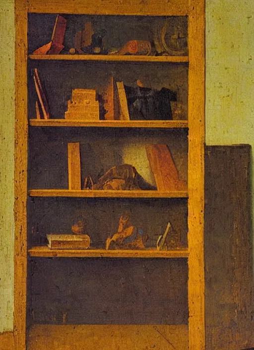 Image similar to bookshelf with books and children toys, medieval painting by jan van eyck, johannes vermeer, florence