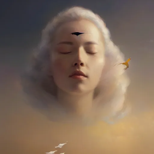 Prompt: several birds flying in the sky, a beautiful portrait of a cloud goddess with closed eyes, by Greg Rutkowski and Raymond Swanland, Trending on Artstation, ultra realistic digital art