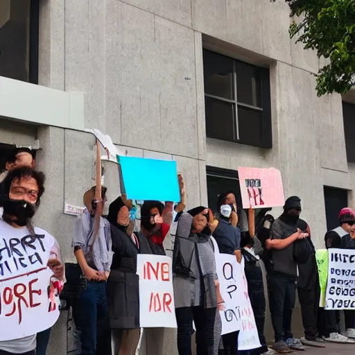 Image similar to a protest in-front of the Openai office, photograph