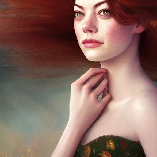 Prompt: beautiful portrait of Emma Stone by charlie bowater, mandy jurgens, gustav klimt, octane render, 4k, high detail, by tom bagshaw, powerful