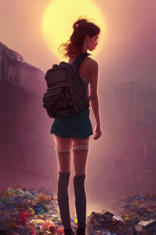 Image similar to young woman minishort with backpack looking at food at garbage dump, destroyed cars, city is pure wasteland, moody sunset background, rays of sunlights, ( ( ( rainbow ) ) ), high details, sharp, photorealism, cinematic, greg rutkowski, alphonse mucha, trending on artstation, artgerm, unreal engine, highly detailed