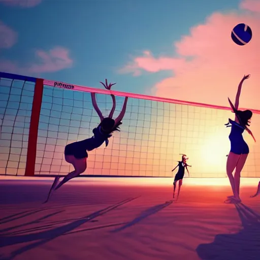 Image similar to Girls playing volleyball on beach, beautiful sunset, very detailed, pixiv scenery art, volumetric lighting, light refraction made by Makoto Shinkai