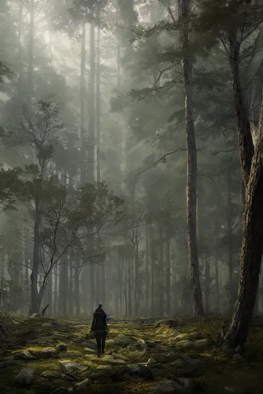 Image similar to A beautiful forest with a giant walking in the far distance by Greg Rutkowski, Sung Choi, Mitchell Mohrhauser, Maciej Kuciara, Johnson Ting, Maxim Verehin, Peter Konig, final fantasy , 8k photorealistic, cinematic lighting, HD, high details, atmospheric,