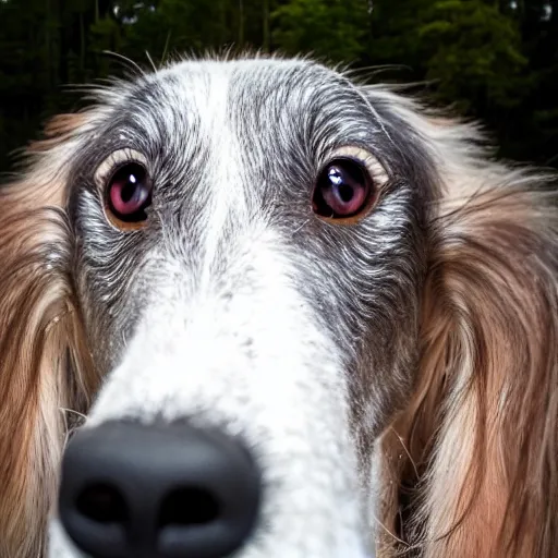 Image similar to fisheye lens photo of a borzoi face