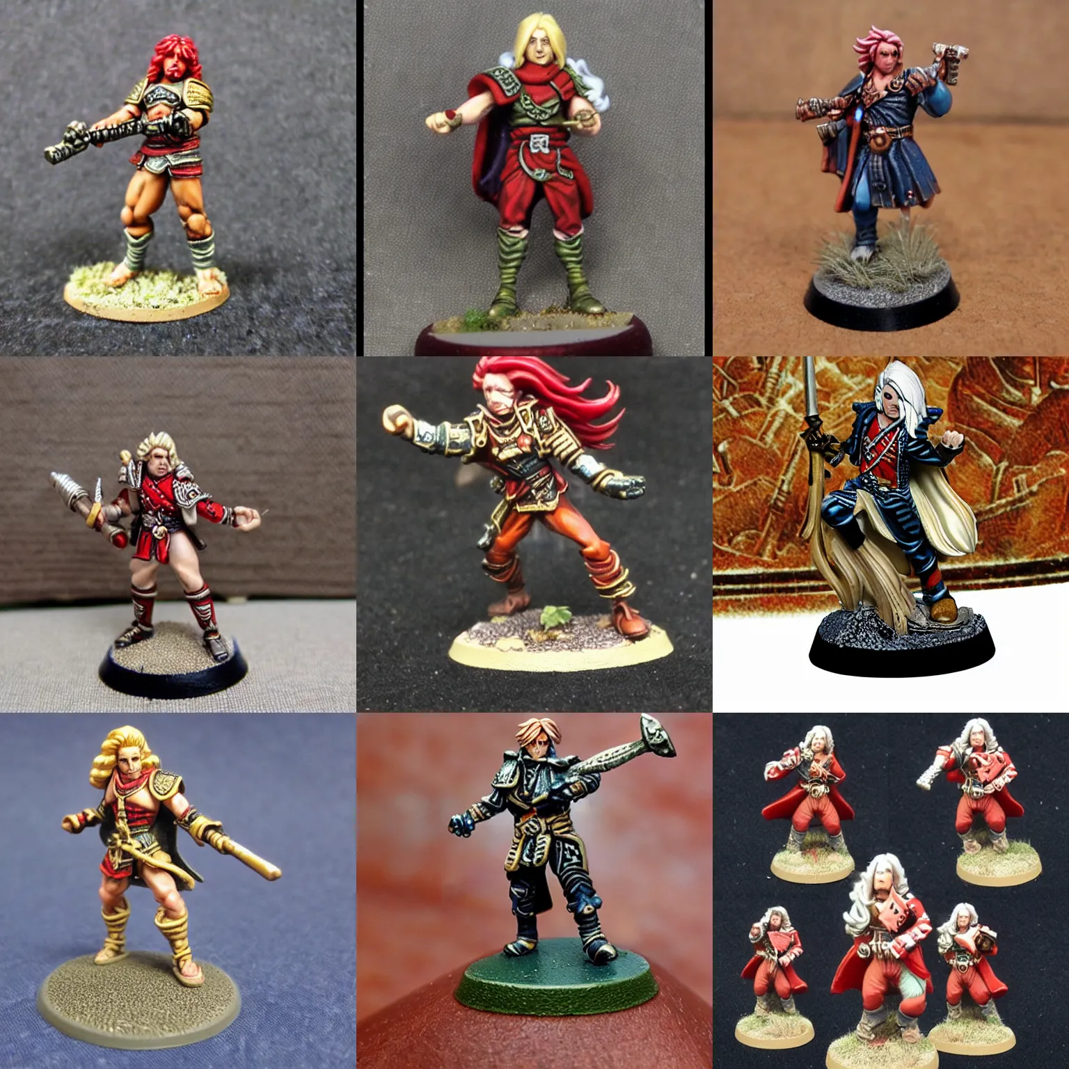 Prompt: 2 8 mm heroic scale miniature. games workshop. human bard. platinum blonde with red streaks.
