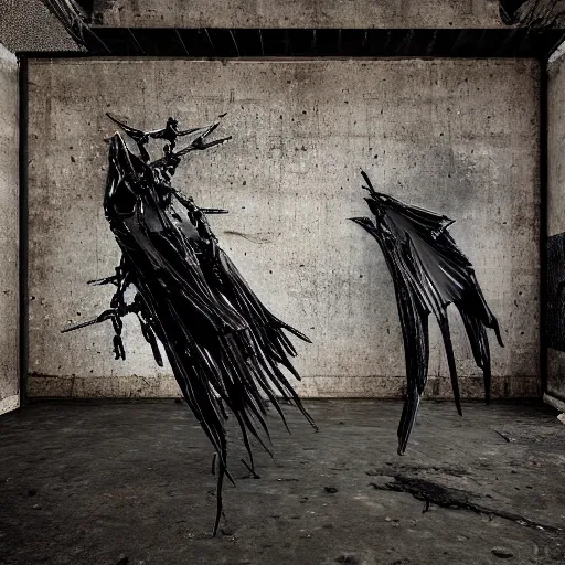 Prompt: “asymmetrical 3d black metal vaguely winged creature made of glossy black liquid latex and an iron armature, spidery irregular shapes, suspended from ceiling in abandoned tunnel, brutalist, 8k hyperrealistic, hyper-detailed, highly textured, dark volumetric lighting, fine details, muted, octane render, asymmetry” — w 1084 - n 7 —s 20 —i —S 3313432919