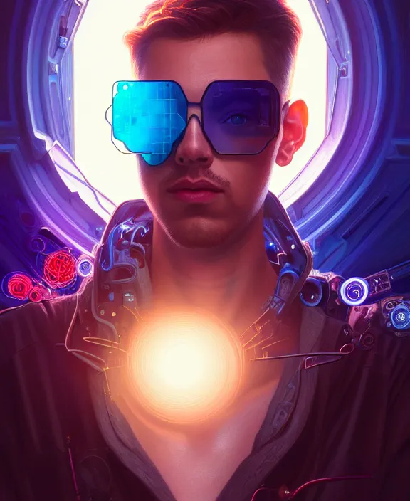 Prompt: a whirlwind inside the metaverse, guy, male, man, sunglasses, hologram, half body, neurochip, android, cyborg, cyberpunk face, by loish, d & d, fantasy, intricate, elegant, highly detailed, colorful, digital painting, artstation, concept art, art by artgerm and greg rutkowski and alphonse mucha