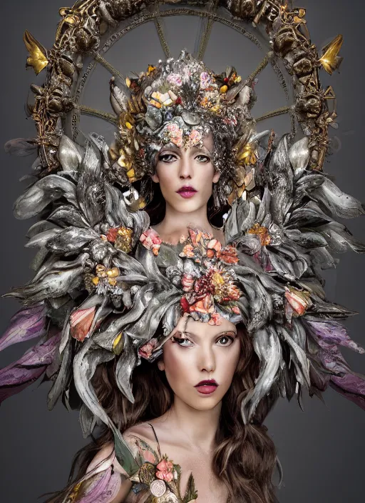Prompt: full body environmental portrait photo of a goddess as angel, ornate headpiece made from flowers, ornaments, glamour shot by gemmy woud - binnendijk, chris knight, photorealistic, canon r 3, fashion photography, ornate, symmetrical features, octane render, unreal engine, solid dark grey background, clamp shell lighting, rim lighting