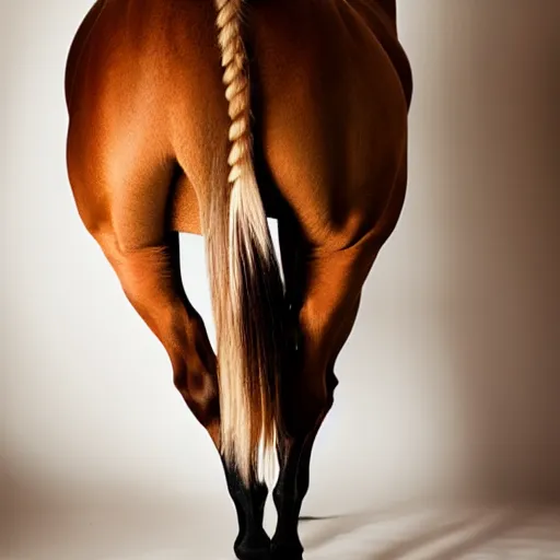 Prompt: boudoir photography of a horse, photography by Annie Leibovitz, rear facing the camera