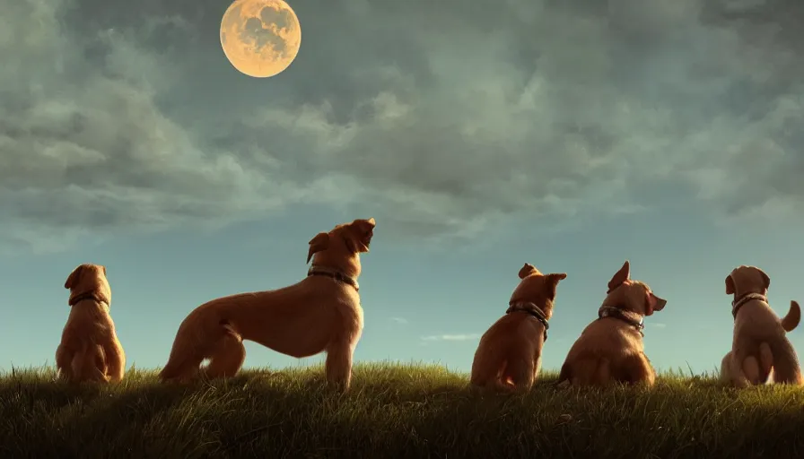 Prompt: back view of dogs watching the moon sitting on the hill, hyperdetailed, artstation, cgsociety, 8 k