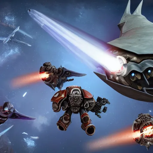 Image similar to 4 SPACE marines shooting a flying manta ray on a decapitated gothic spaceship hyperrealistic