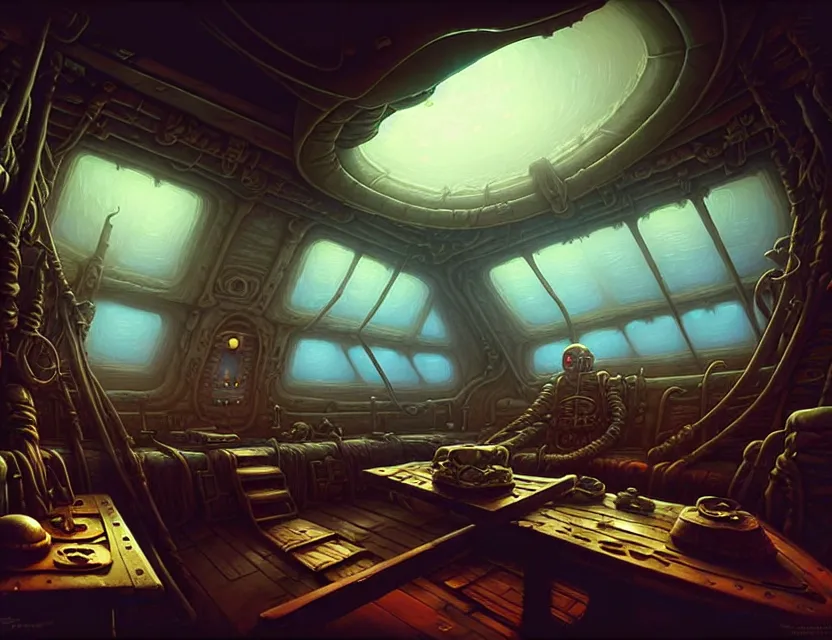 Prompt: interior view in the captain's cabin of a flying ship, d & d planescape fantasy art, artstation contest winner, beautiful digital painting in the style of dan mumford, art by kev chan, volumetric lighting, concept art, speedpainting, fantasypunk, deep colors, cgsociety, by gerald brom, by greg rutkowski, by ruan jia