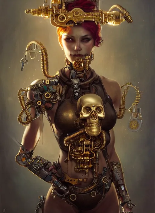 Image similar to hyper realistic girl cyborg with gold skull head hornment, magical, gems, jewels, gold, steampunk, cyberpunk utopia, painted by tom bagshaw, mucha, gaston bussiere, craig mullins, j. c. leyendecker 8 k