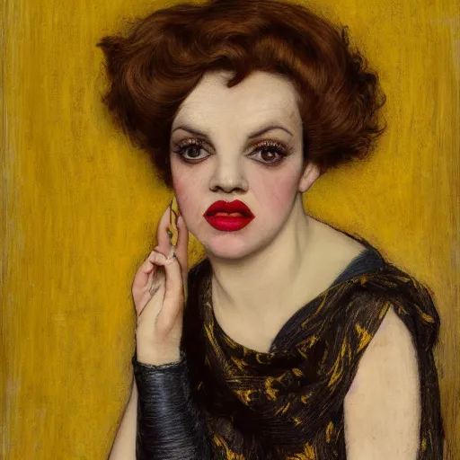 Image similar to portrait of a hybrid of judy garland and lady gaga, brown fringe, large full hollywood lips, large downslanted eyes, reclining cool stylish, yellow ochre ornate medieval dress, john william waterhouse, kilian eng, rosetti, john everett millais, william holman hunt, william morris, 4 k