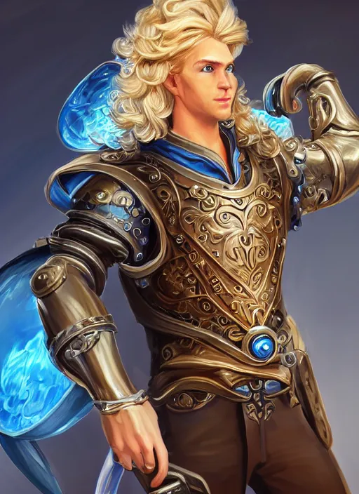 Prompt: a highly detailed illustration of long wavy bright blonde haired effeminate boy wearing blue blacksmith apron and iron cybermechanical arms, blue eyes, dramatic smiling pose, intricate, elegant, highly detailed, centered, digital painting, artstation, concept art, smooth, sharp focus, league of legends concept art, wlop