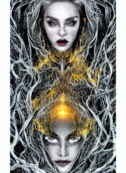 Image similar to glowing silver and golden elements, full close-up portrait, vector dark witch from unsplash, book cover, green forest, white moon, red lips, establishing shot, extremly high detail, photo-realistic, cinematic lighting, pen and ink, intricate line drawings, by Yoshitaka Amano, Ruan Jia, Kentaro Miura, Artgerm, post processed, concept art, artstation, matte painting, style by eddie mendoza, raphael lacoste, alex ross