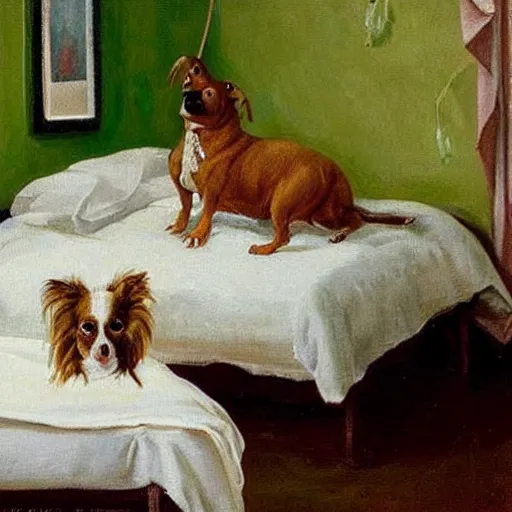 Image similar to white bed with green bedsheets in a room with light green walls, two women try to sleep while an anxious chihuahua looms above them, detailed oil painting