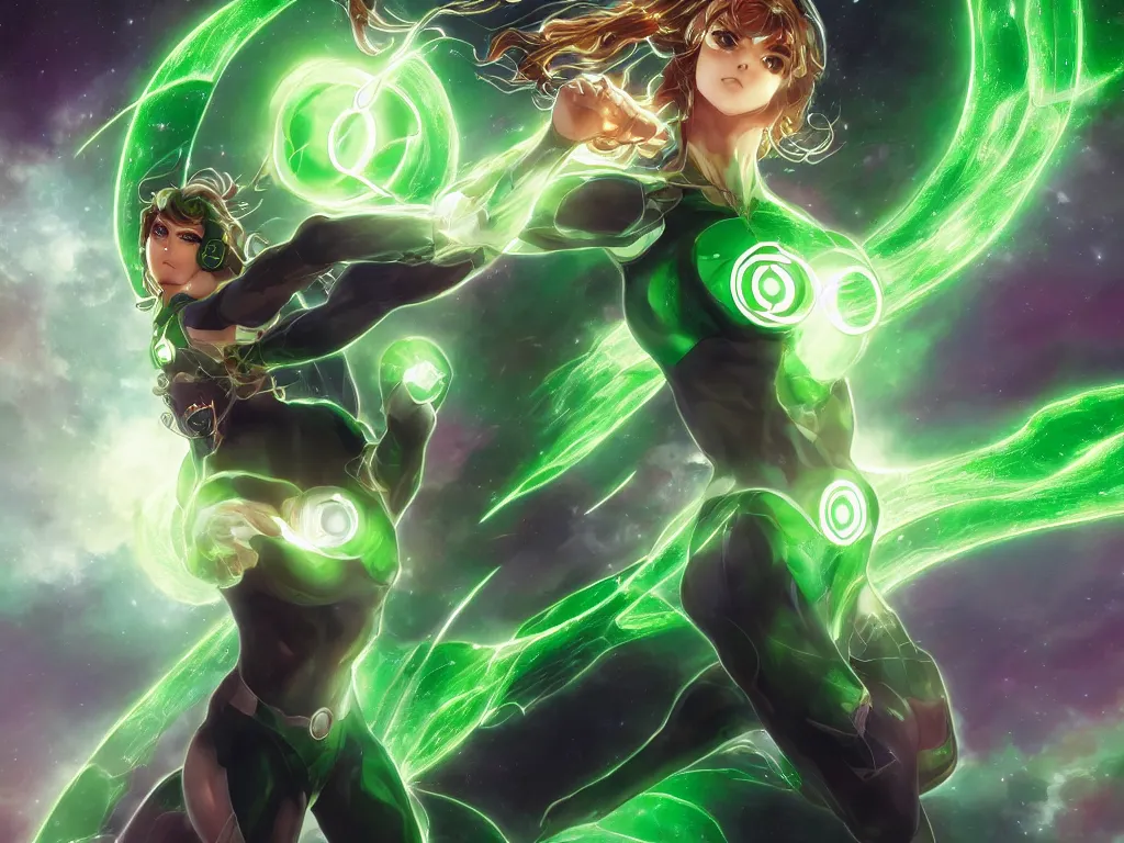 Image similar to anime key visual of one beautiful female green lantern, dc comics, power, hope, glowing, intricate, in space, stunning, highly detailed, digital painting, artstation, smooth, hard focus, illustration, art by artgerm and greg rutkowski and alphonse mucha