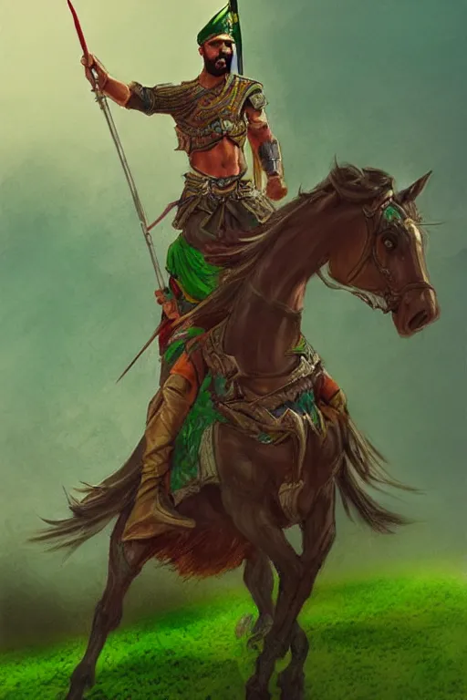 Image similar to arabian warrior, with green turf and flag, realistic, sketch and art by jacqueline e, color by bo feng lin