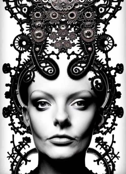 Image similar to surreal black and white photo portrait of complex bio-mechanical beautiful young female vegetal-cyborg with a Mandelbrot fractal steampunk metal fine lace face, curled silver hair and a fine metal floral foliage super big lace collar by Alexander McQueen:: high fashion, haute couture, rococo, steampunk, silver filigree details, anatomical, facial muscles, cable wires, microchip, elegant, hyper realistic, 150 mm lens, soft rim light, octane render, unreal engine, volumetric lighting, 8k,