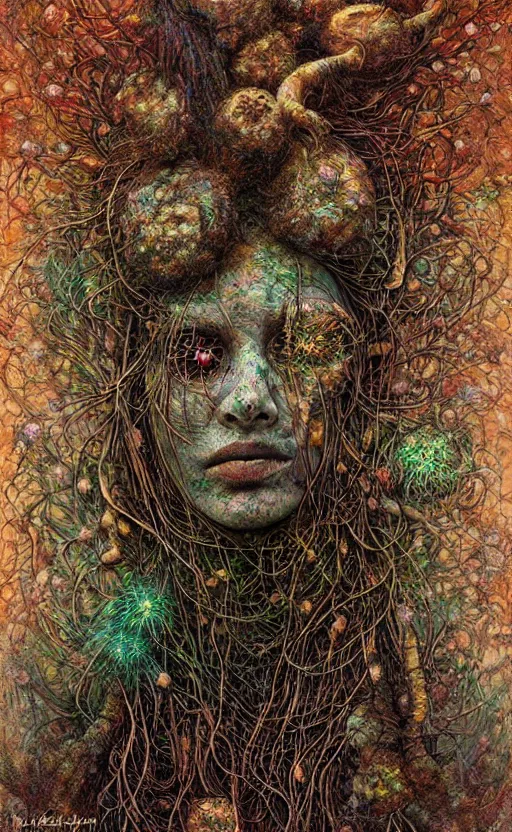 Prompt: beautiful psychedelic shaman covered in fungus peyote in the style of peter gric