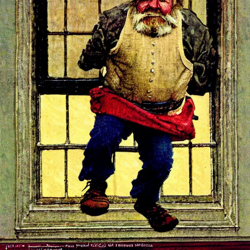 Prompt: close up portrait of dwarf jumping from window by norman rockwell, illustration, 5 0 mm lens,