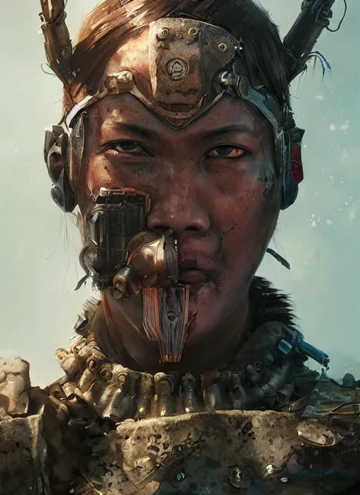 Image similar to hyper realistic photography portrait of postapocalyptic cyberpunk asian japanese cyborg tribal festival warrior amazon face cinematic, vallejo, craig mullins greg rutkowski, artstation, cgsociety