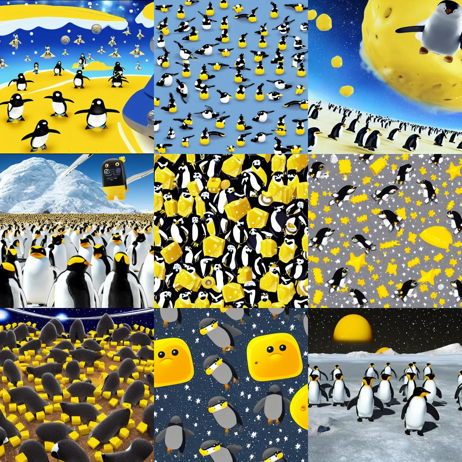 Prompt: planet made of yellow swiss cheese in space, army of robotic penguins, soldier penguins, invasion!, hyper-realistic