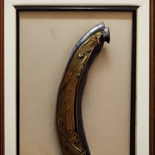 Prompt: a framed photograph of an ancient two - handed scimitar in scabbard