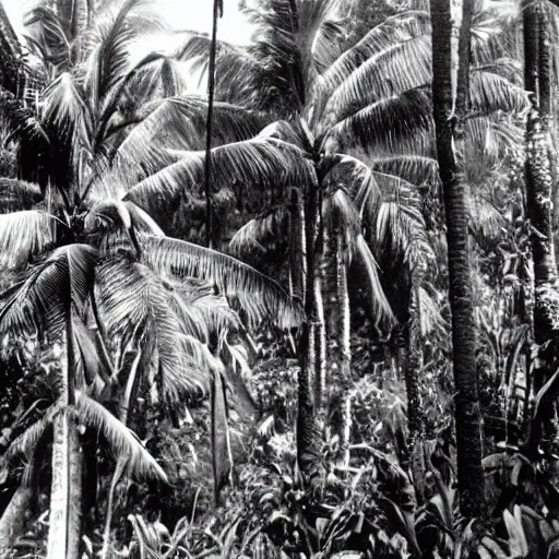 Image similar to a rizom lost film footage of a complex volume in the middle of the tropical jungle / tropicalism / tropicalism / tropicalism / film still / cinematic / enhanced / 1 9 2 0 s / black and white / grain