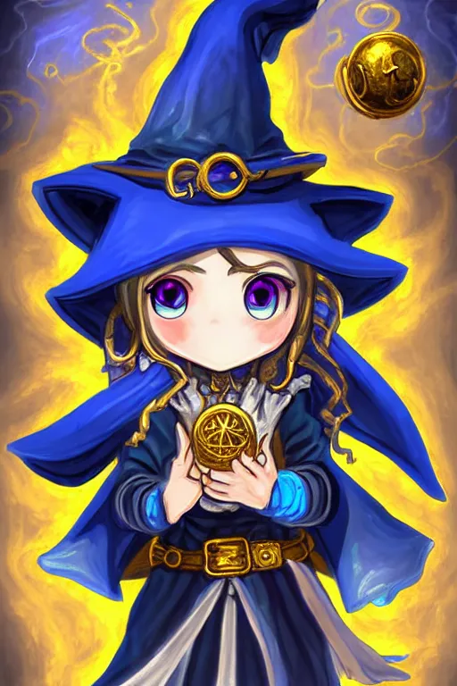 Prompt: a portrait of girl alchemist in blue dress, witch hat, gold magic book, gold magic explosion, gold magic, magic circle, fantasy, dungeons and dragons, an ultrafine detailed painting, chibi, detailed painting, boris valejo. octopath traveler decal!!!