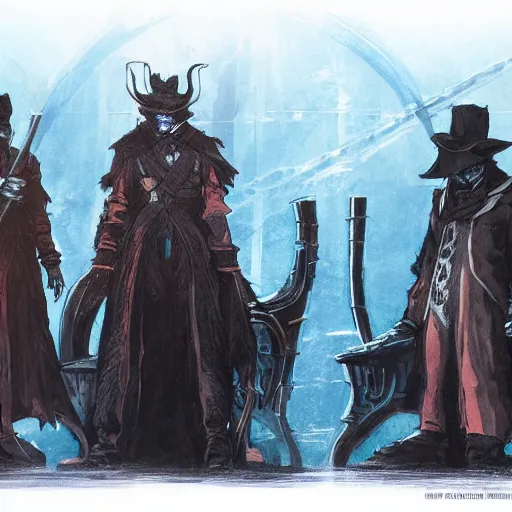 Prompt: a group of hunter from bloodborne sitting next to each other in a room, retrofuturism, concept art by yoshiyuki tomino, behance contest winner, toonami, redshift, official art