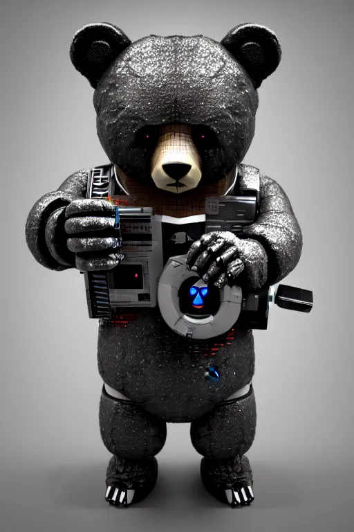 Image similar to high quality 3 d render cyborg bear! plays a cyberpun guitar, cyberpunk highly detailed, unreal engine cinematic smooth, in the style of blade runner, hannah yata charlie immer, moody light, low angle, uhd 8 k, sharp focus