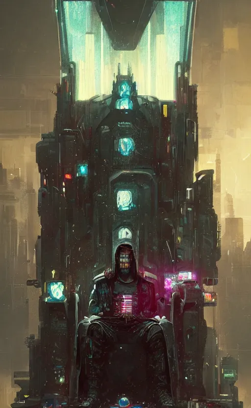 Prompt: « beautiful comic style painting of cyberpunk king on the throne by greg rutkowski, very detailed »