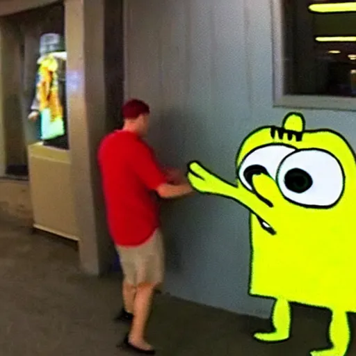 Image similar to cctv footage recorded last night of a man in a spongebob squarepants costume robbing a store