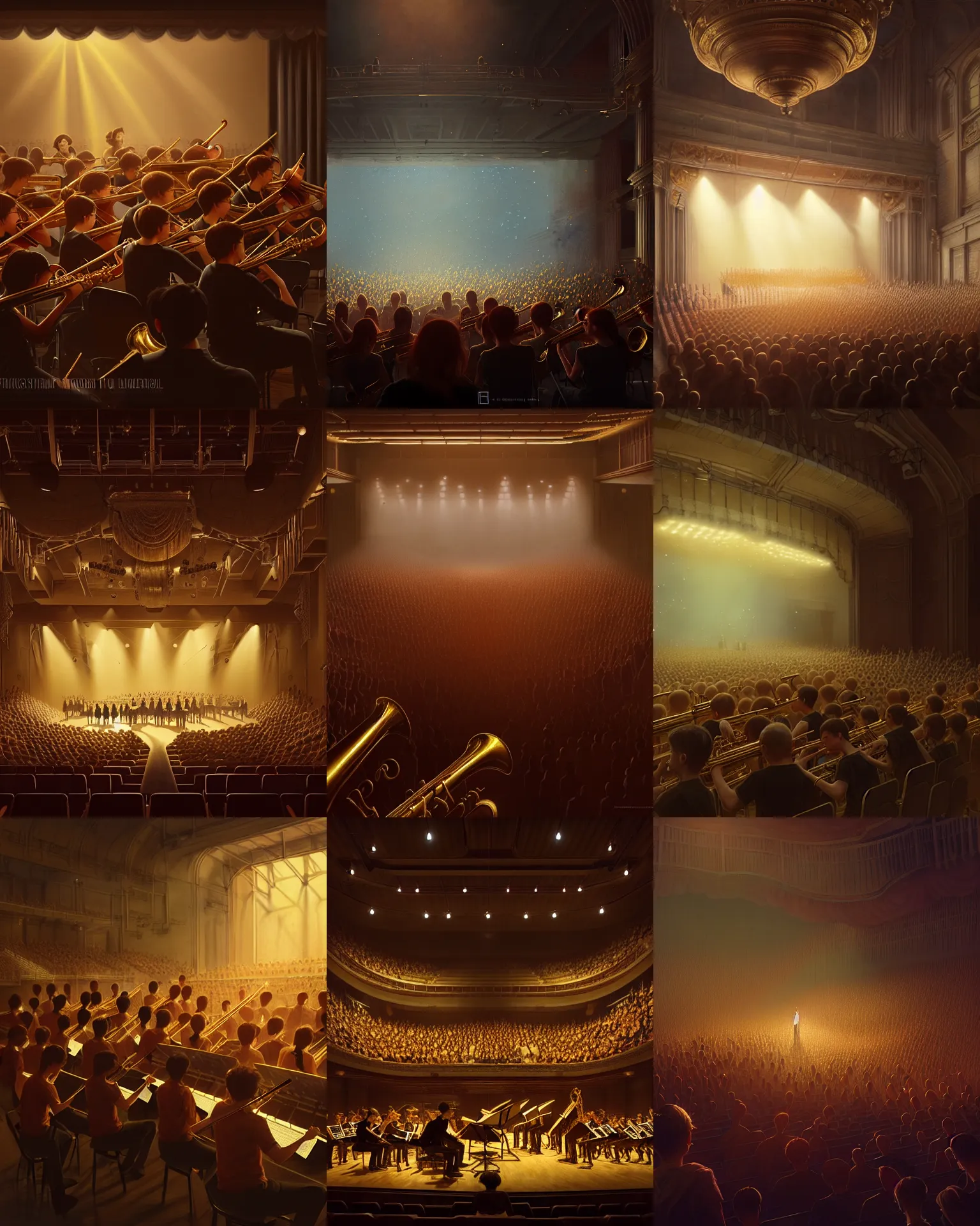 Prompt: high school concert band orchestra practice afternoon, theatre concert golden back lighting, bokeh dof, intricate, 8 k, unreal engine, illustration, highly detailed, digital painting, concept art, matte, art by ruan jia and wlop and greg rutkowski, masterpiece