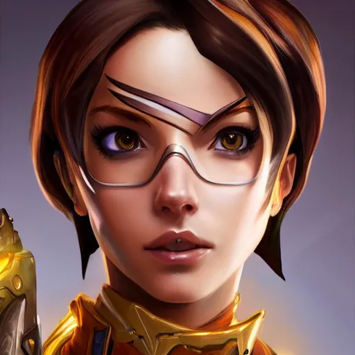 Image similar to closeup portrait of Tracer from Overwatch, D&D, fantasy, intricate, elegant, highly detailed, digital painting, artstation, concept art, matte, sharp focus, illustration, hearthstone, art by Artgerm and Gred Rutkowski and Alphonse Mucha